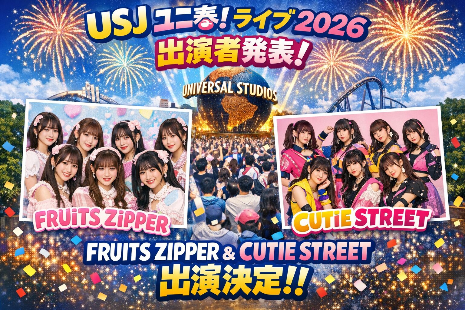USJ「ユニ春！ライブ 2026」出演者発表！FRUITS ZIPPERとCUTIE STREET決定