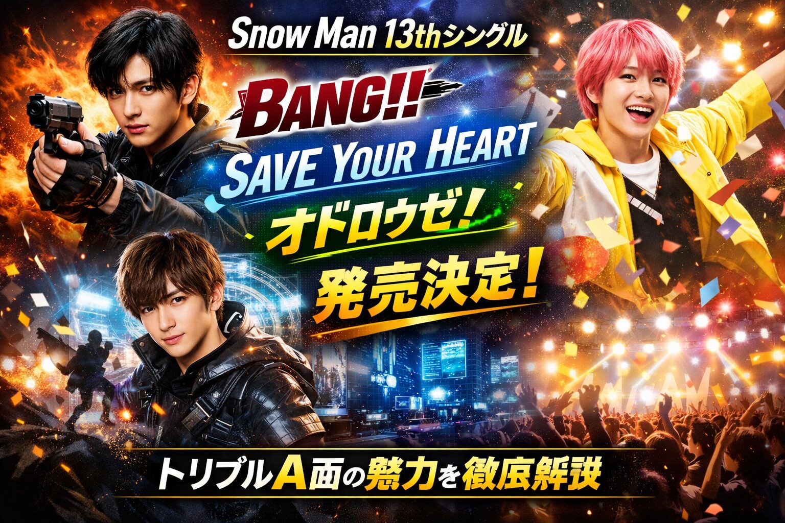 Snow Man 13thシングル「BANG!! / SAVE YOUR HEART / オドロウゼ!」発売決定!トリプルA面の魅力を徹底解説